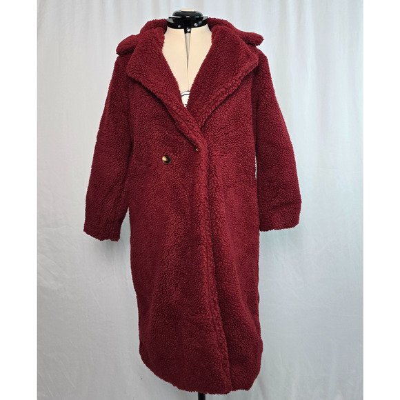 NEW Eilly Bazar Teddy Coat Women's M Burgundy Fuzzy Fleece Button NWOT - Picture 4 of 16